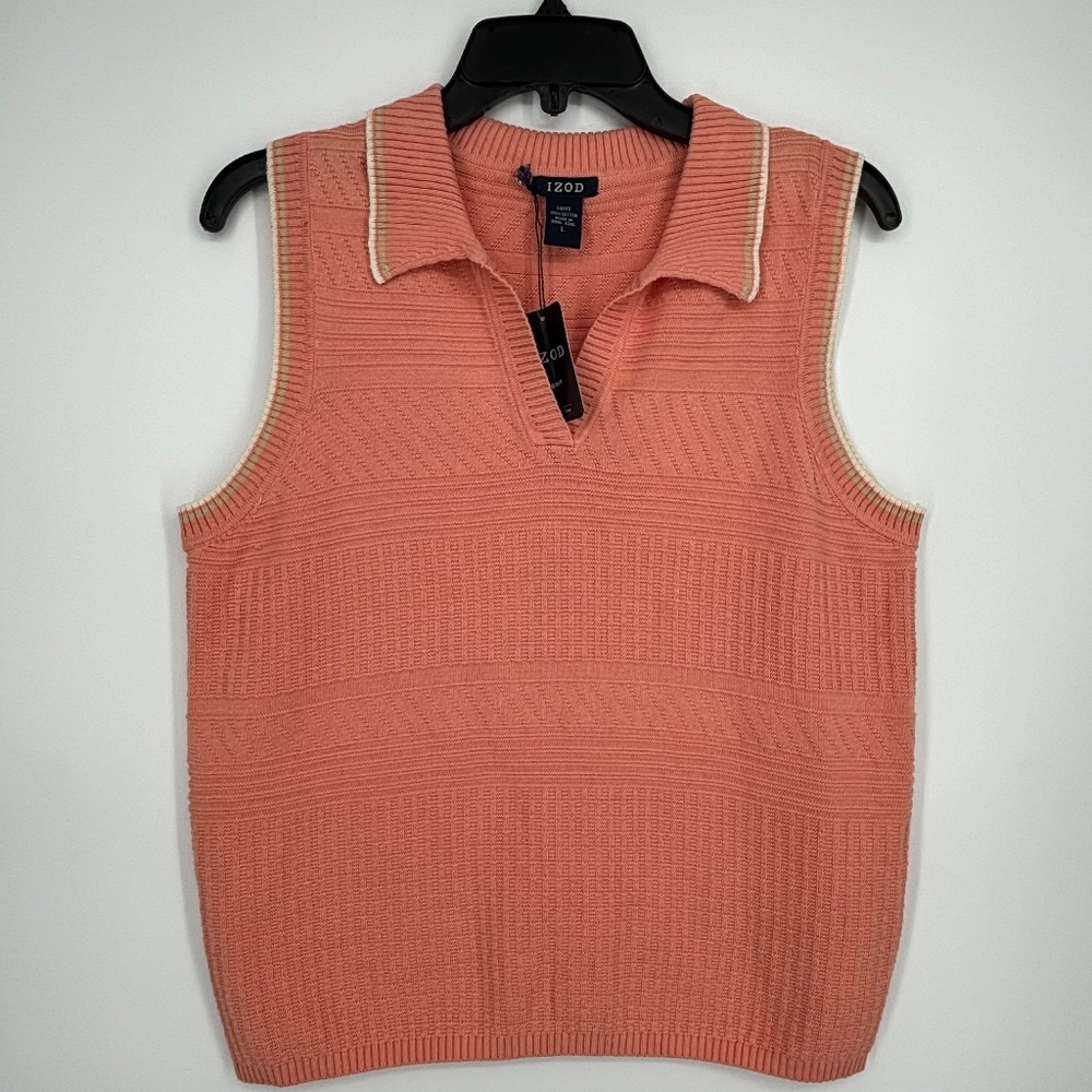Izod Golf Womens Large Sleeveless Polo Sweater Peach Beige Trim Textured Knit